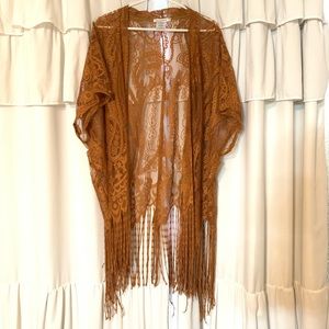 Tan Fringe Western Kimono Cover up